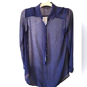 Black Label Chico's Blue Button Front Semi Sheer Blouse Size 00